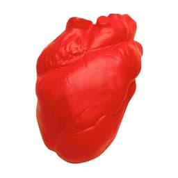 A red heart-shaped stress reliever made of soft material, featuring a detailed design and a branding logo.