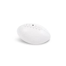 A Mini Aussie Rules Ball in white, featuring textured surface and stitching details, with a small branding logo.