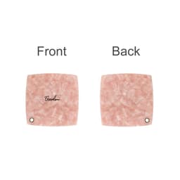 A pink acetate vanity mirror with a smooth surface, featuring a small hole for hanging and a branding logo.