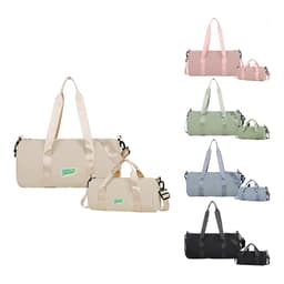 A range of bucket duffle bags in beige, pink, green, grey, and black with wide straps and a logo.