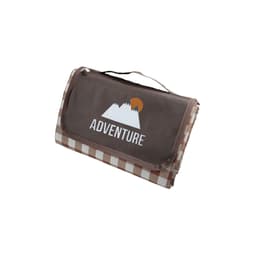 A medium picnic blanket in brown with a digital print featuring mountains and checkered edges. Includes a carry handle and logo.