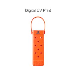 An orange EVA wine bottle bag with holes and a handle, featuring a logo.
