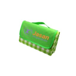 A large picnic blanket featuring a green top and a checkered pattern, folded with a handle and a logo.