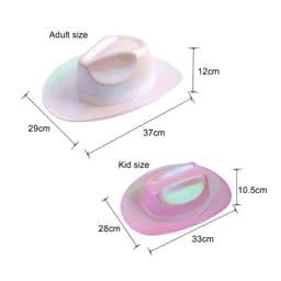 Iridescent cowboy hats in adult and kid sizes, featuring a shiny, reflective design with pink and white tones.