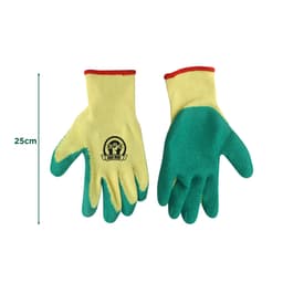 Latex dipped gloves in yellow and green, featuring a logo, measuring 25 cm in length.