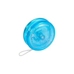 A blue transparent yoyo with a string, featuring a simple design and a visible interior mechanism.