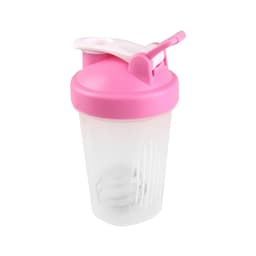 A drink bottle with a pink lid and spout, featuring a clear body and a mixing ball inside. It has a logo.