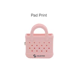 A pink mini EVA bag clip with a handle and perforated design, featuring a logo on the base.