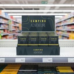 A corrugated cardboard counter display in dark colours, featuring multiple boxes labelled "Camping Adventure".