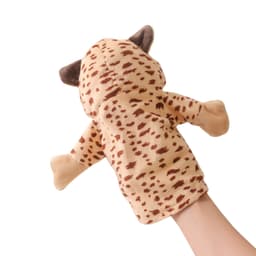 A plush leopard hand puppet in tan with brown spots and ears, held by a hand. It has a branding logo.