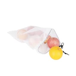 A mesh produce bag in white, containing assorted apples and an orange, with a black drawstring.