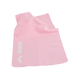 A pink quick dry towel with a logo, featuring a smooth texture and lightweight design.