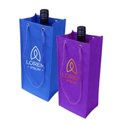 A drink bottle bag in blue and purple with a rope handle and a logo. Suitable for holding single bottles.