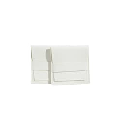 A white PU leather flip pouch with a secure closure and a minimalist design, featuring logos on the front.