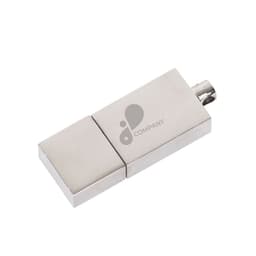 A silver flash drive with a metallic finish and a logo on its surface, featuring a sliding design.