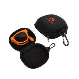 A black zippered case containing orange folding sunglasses, with a carabiner attached for easy carrying.