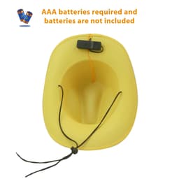 A yellow cowboy hat with sequins and a battery compartment, featuring a string for securing it.
