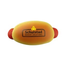 A hot dog shaped stress reliever in yellow with red ends, featuring a logo on top.