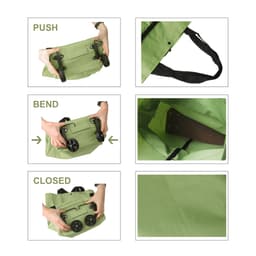 A green collapsible shopping trolley bag with wheels, showcasing its folding mechanism and interior.