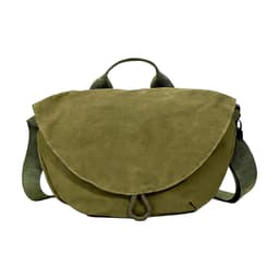 A casual crossbody bag in olive green with a fold-over flap and a shoulder strap. Features a logo.