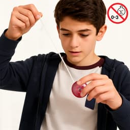A boy in a navy hoodie holds a red yoyo with a white string, focused on its movement. The image includes a logo.