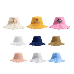 A collection of Raw Edge Bucket Hats in various colours, including pink, yellow, white, navy, and brown, featuring some logos.