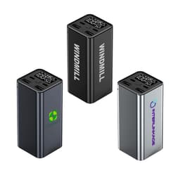 A collection of three power banks in black, silver, and dark grey, featuring digital displays and various logos.
