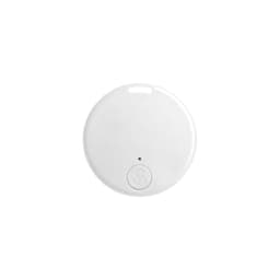 A white circular anti-loss smart tag with a small branding logo and a light indicator.