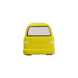 A yellow minibus-shaped stress reliever with a smooth surface and simplistic design. It features a rear view without details.