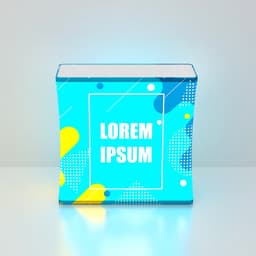 A backlit LED display with a blue background featuring abstract shapes in yellow and white, and a logo.