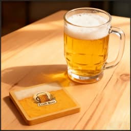 A drink bottle opener coaster in square bamboo, featuring a craft beer design, beside a frothy glass of beer.