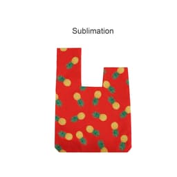 A red polyester wrist bag adorned with a pineapple pattern and featuring a logo.