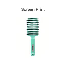 A teal detangler bristle hairbrush with a textured handle and a logo on the side.