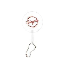 A clear mini PVC hand fan with a circular design and a keychain attachment, featuring a logo in warm colours.