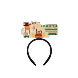 A black foam topper headband featuring a festive Oktoberfest design with character and food illustrations.