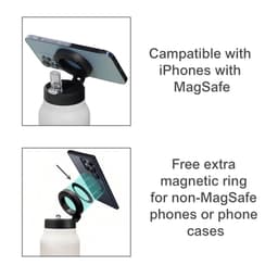 A drink bottle with a magnetic phone holder feature, designed in stainless steel, featuring a white finish.