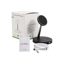 A black 2-in-1 wireless charger with a circular charging pad and a stand, accompanied by a charging cable and manual.