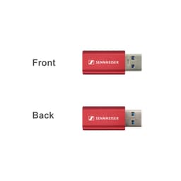 A red USB data blocker with a metallic finish, displaying a logo on both the front and back.