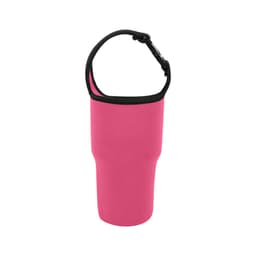 A drink bottle holder pouch in pink with a black trim and an adjustable strap. It has a logo.