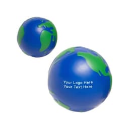 Two earth-shaped stress balls in blue and green, featuring a logo on one side.