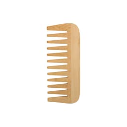 A bamboo comb with a smooth, natural finish and wide teeth for easy grooming. Features a simple design without branding.