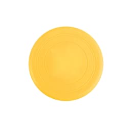 A yellow silicone frisbee with a smooth surface and circular shape. It features a logo at the centre.