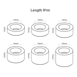 Rolls of BOPP white packaging tape in various widths, each measuring 91m in length. The image features six tape rolls.