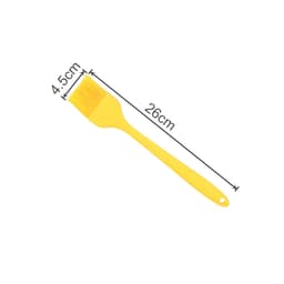 A yellow pastry brush measuring 26 cm in length with a 4.5 cm wide bristle head, featuring a logo.