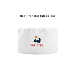 A white chef skull cap with a logo featuring a coloured design.