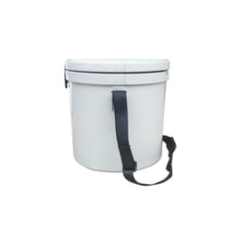 A white 12L ice bucket with a black strap, featuring a secure lid and a simple design.