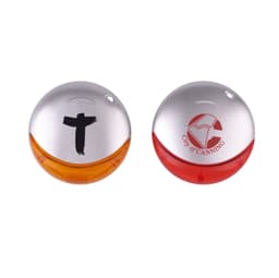 Two round flash drives in silver and vibrant orange and red, featuring distinct designs and a logo on one.