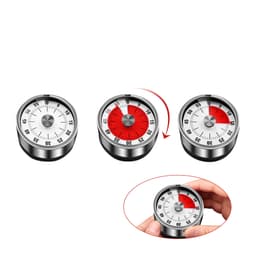 A set of three mini magnetic visual timers with stainless steel edges and red and white dials.