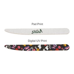 A pack of 50 wooden knife-shaped nail files in various designs, featuring colourful prints and a natural finish.