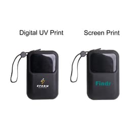 Two black portable power banks with different printing styles: one with digital UV print and the other with screen print.